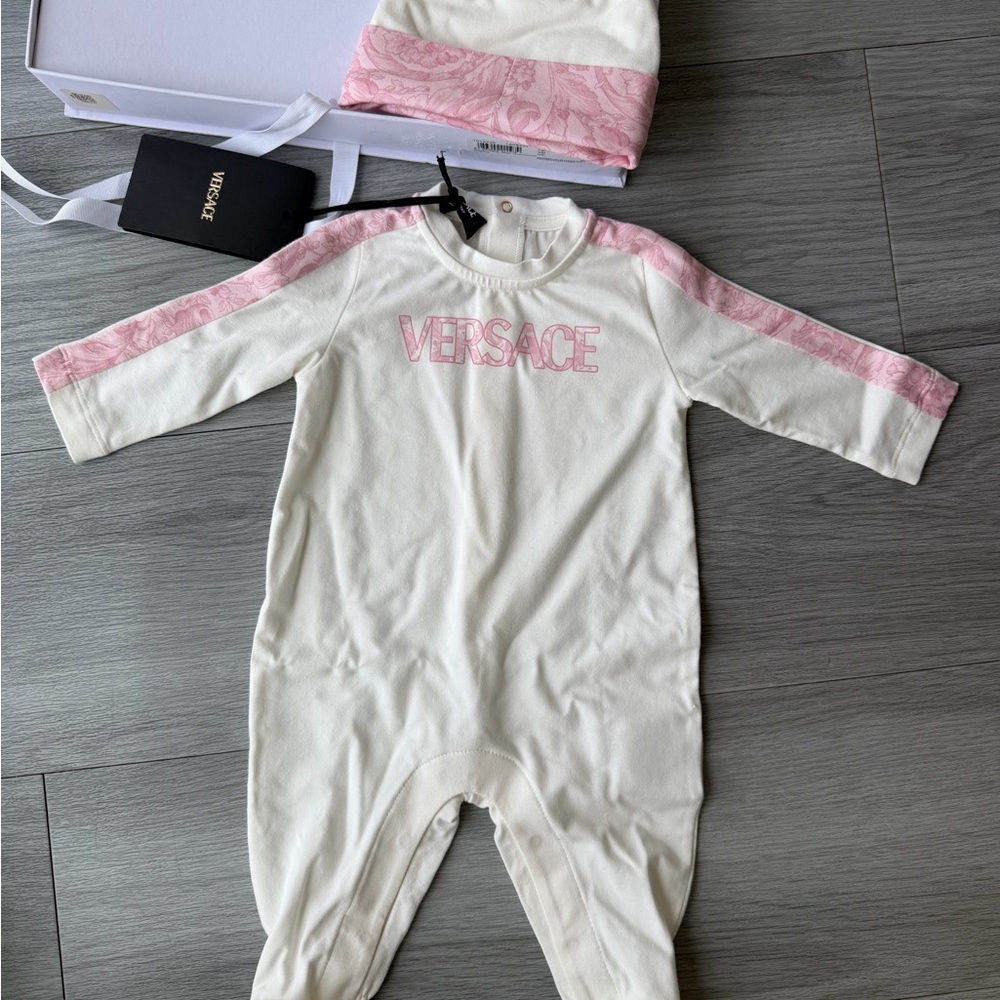 Versace Cream One-Piece with Pink Trim and Logo